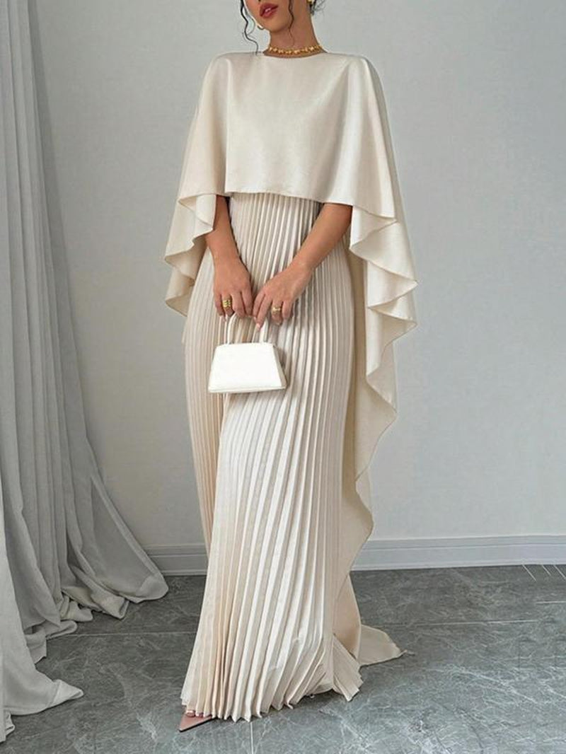 Women'S Plain Pleated Cloak Sleeve Maxi Dress, Elegant round Neck Dress for Party Holiday Wedding Guest, Ladies Spring & Fall Clothes, Valentine'S Day Gift for Girl