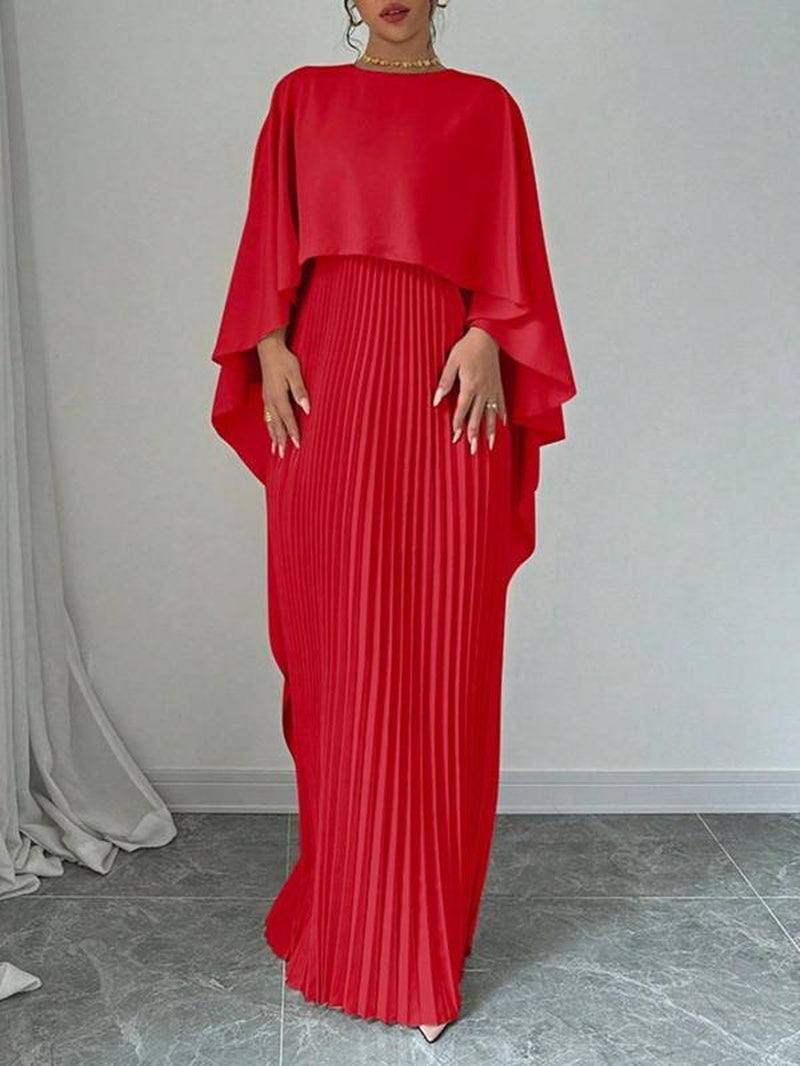 Women'S Plain Pleated Cloak Sleeve Maxi Dress, Elegant round Neck Dress for Party Holiday Wedding Guest, Ladies Spring & Fall Clothes, Valentine'S Day Gift for Girl