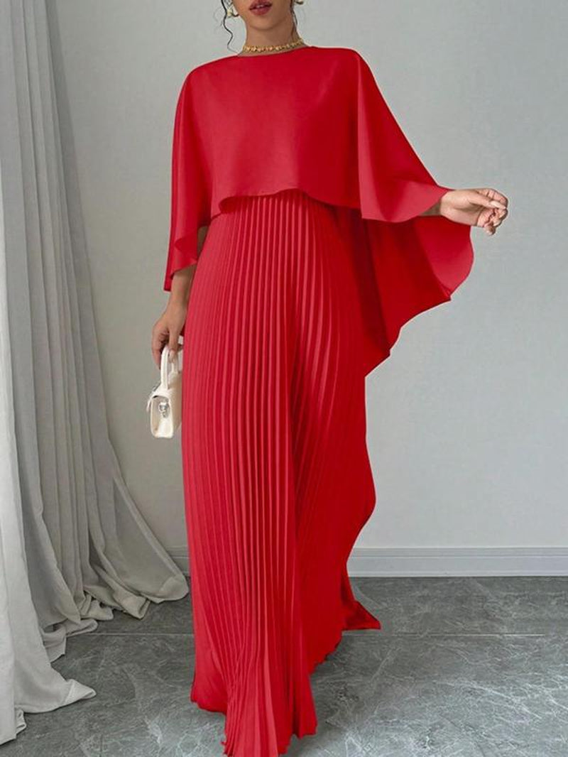 Women'S Plain Pleated Cloak Sleeve Maxi Dress, Elegant round Neck Dress for Party Holiday Wedding Guest, Ladies Spring & Fall Clothes, Valentine'S Day Gift for Girl
