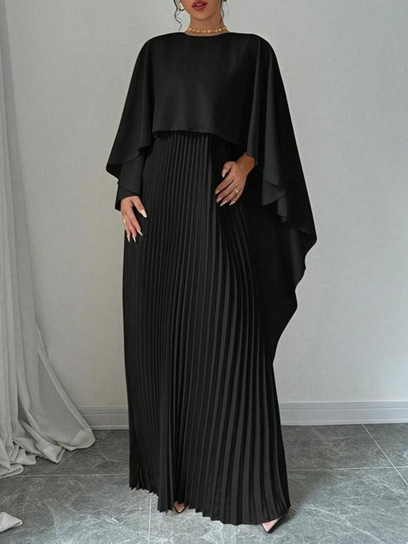 Women'S Plain Pleated Cloak Sleeve Maxi Dress, Elegant round Neck Dress for Party Holiday Wedding Guest, Ladies Spring & Fall Clothes, Valentine'S Day Gift for Girl
