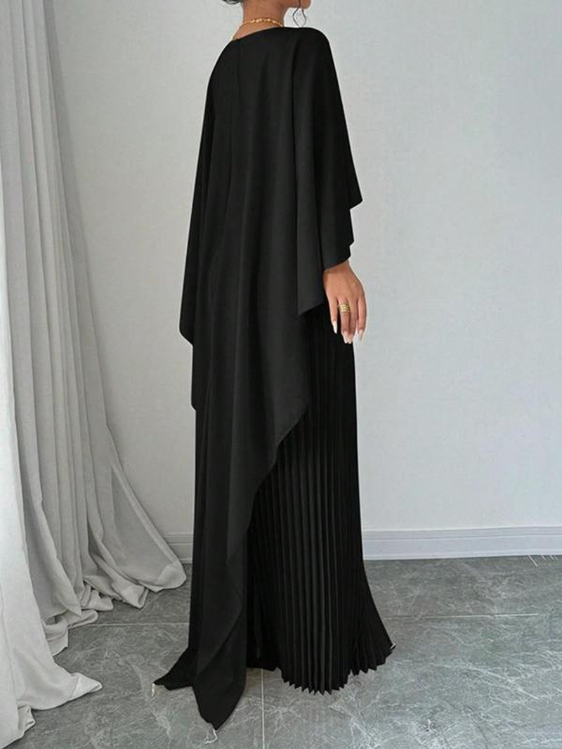 Women'S Plain Pleated Cloak Sleeve Maxi Dress, Elegant round Neck Dress for Party Holiday Wedding Guest, Ladies Spring & Fall Clothes, Valentine'S Day Gift for Girl