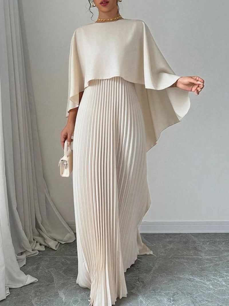 Women'S Plain Pleated Cloak Sleeve Maxi Dress, Elegant round Neck Dress for Party Holiday Wedding Guest, Ladies Spring & Fall Clothes, Valentine'S Day Gift for Girl